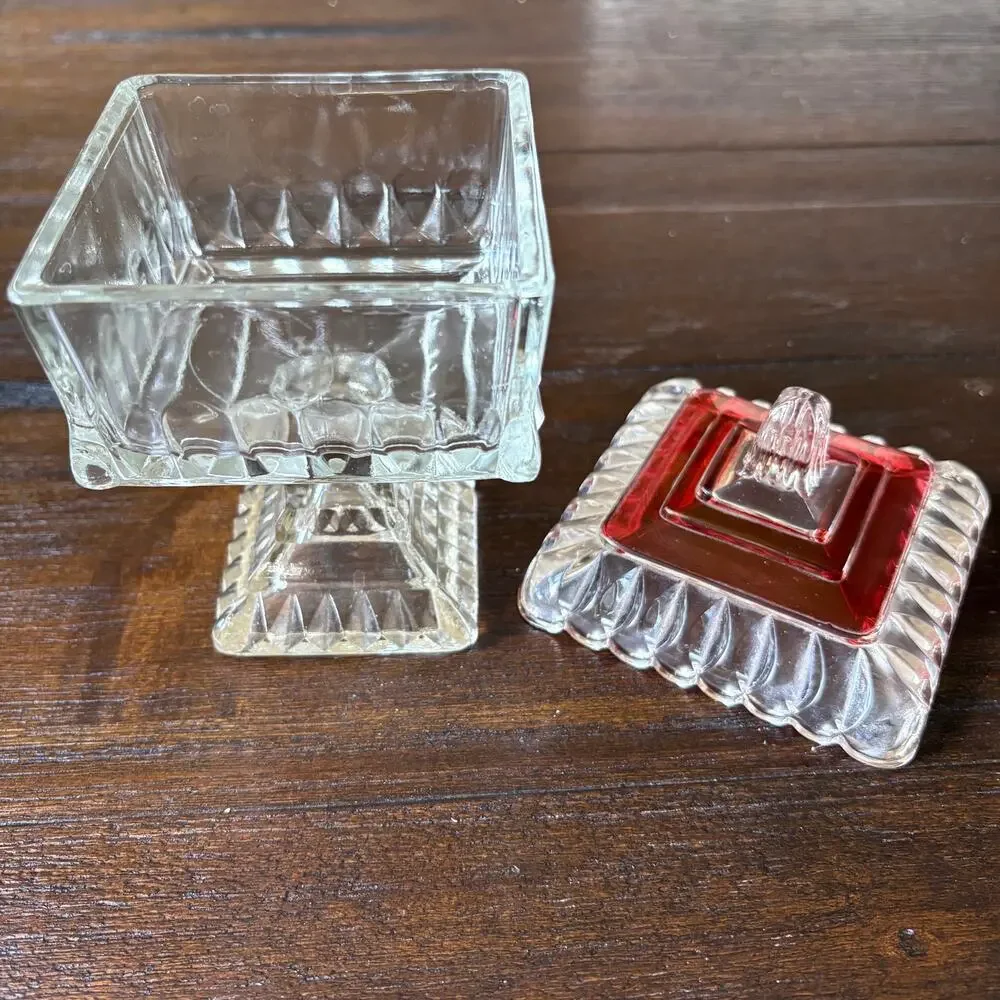 Vintage Glass Candy Dish Ruby Flash Lid Footed Compote Mismatched Eclectic 30s